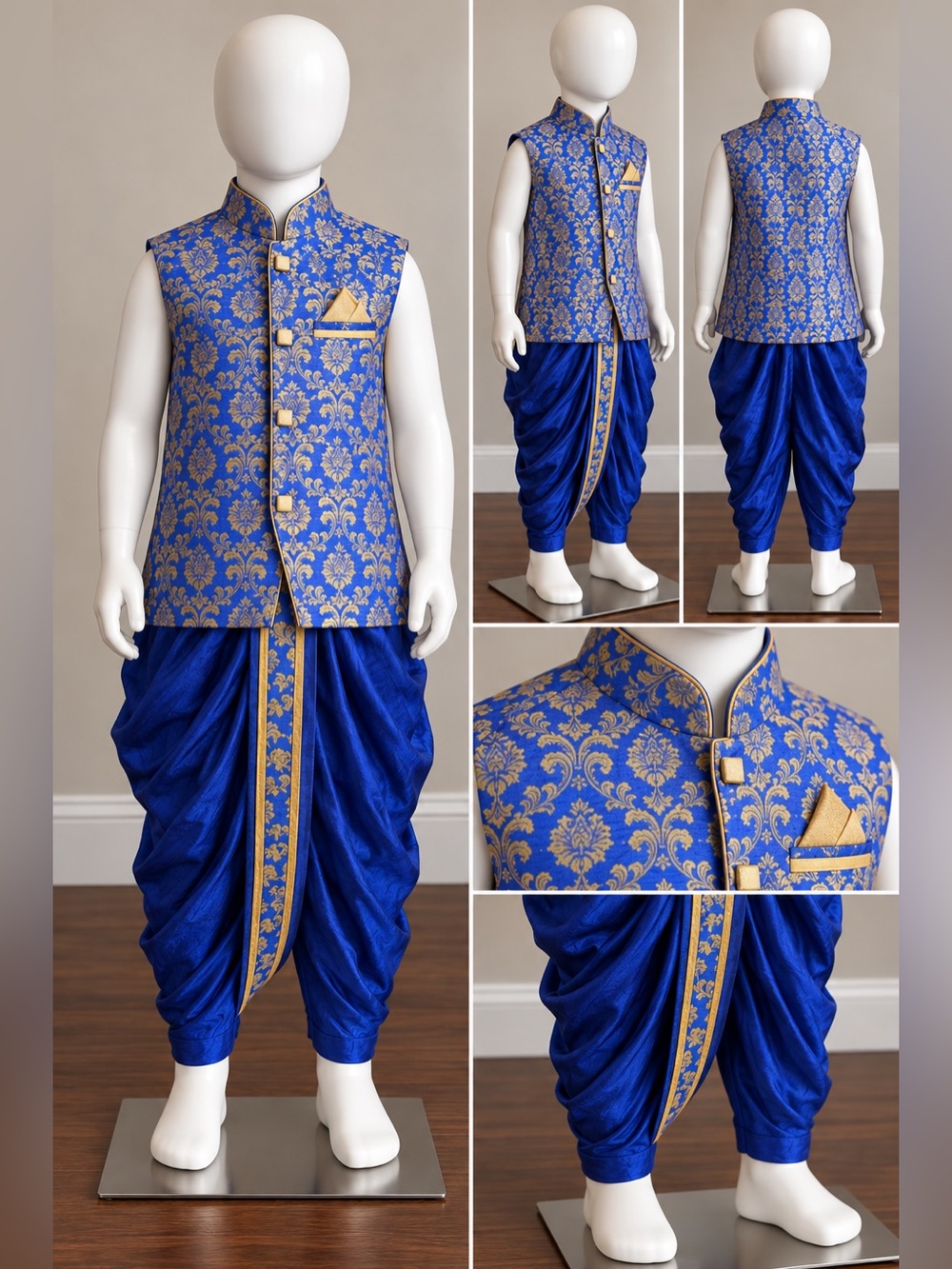 Blue Brocade Nehru Vest & Dhoti Pants Set